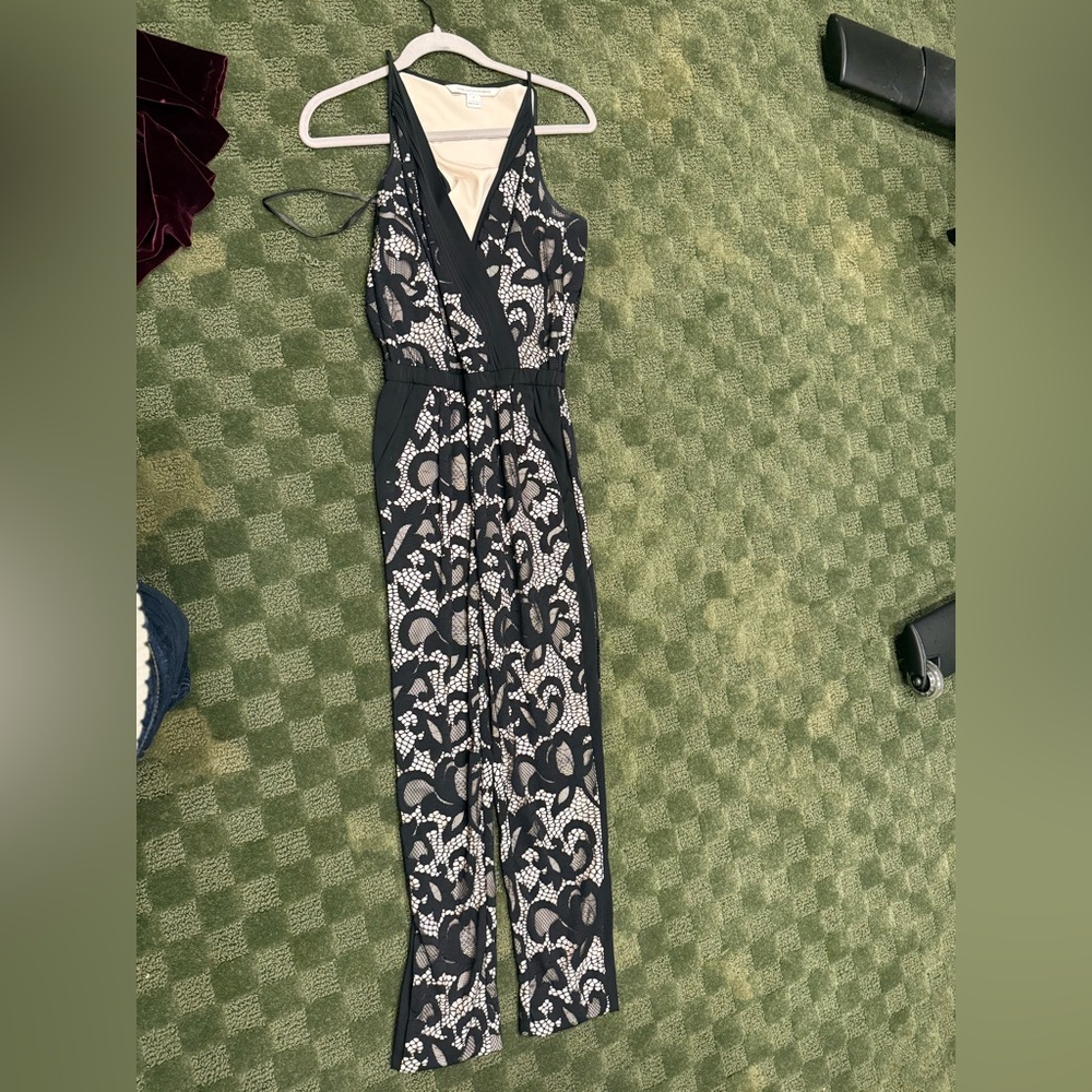 Diane von Fustenberg size zero pants jumpsuit black lace over nude